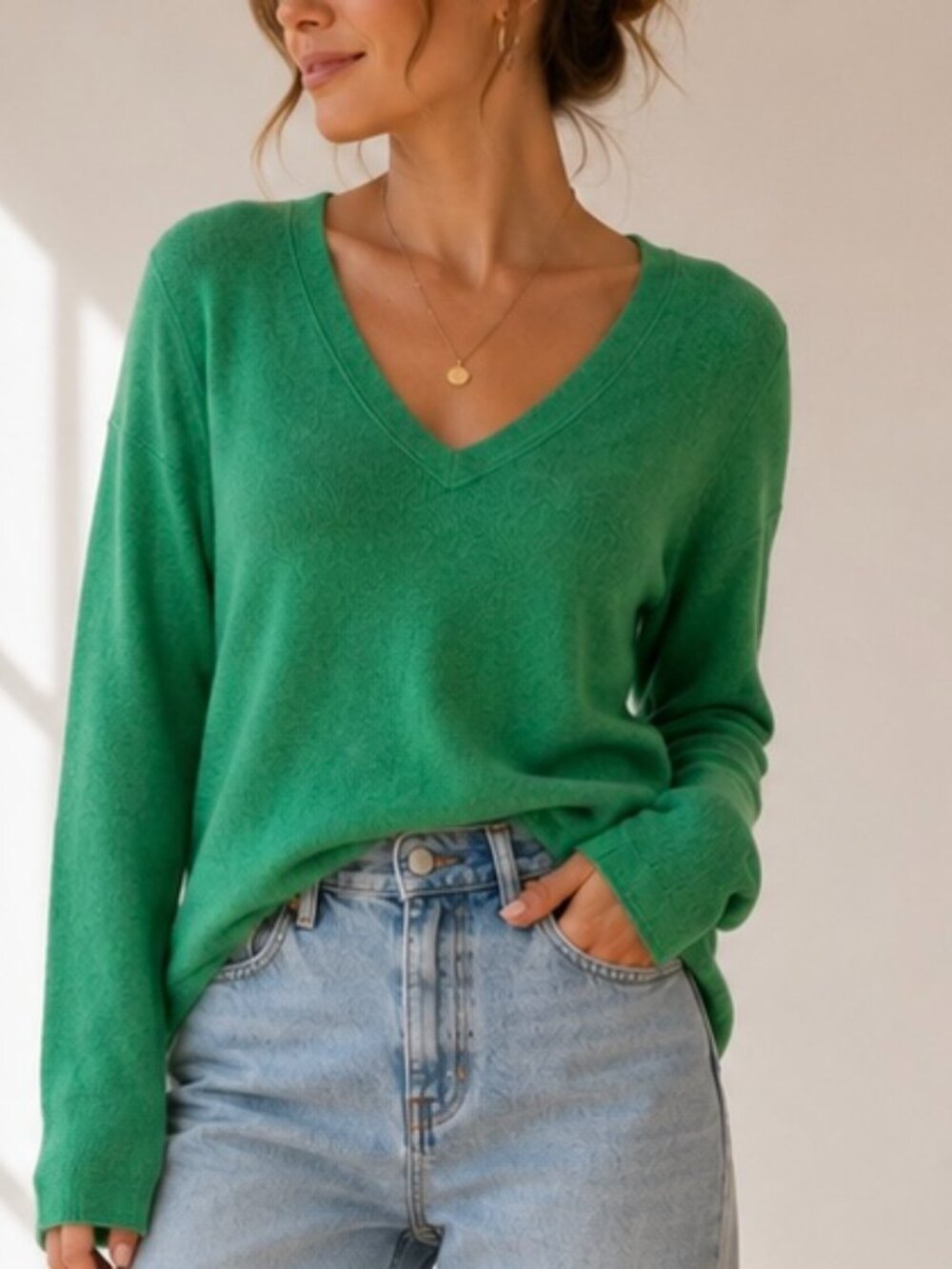 J Crew Kelly Green 100% Cashmere Relaxed V Neck Sweater Small